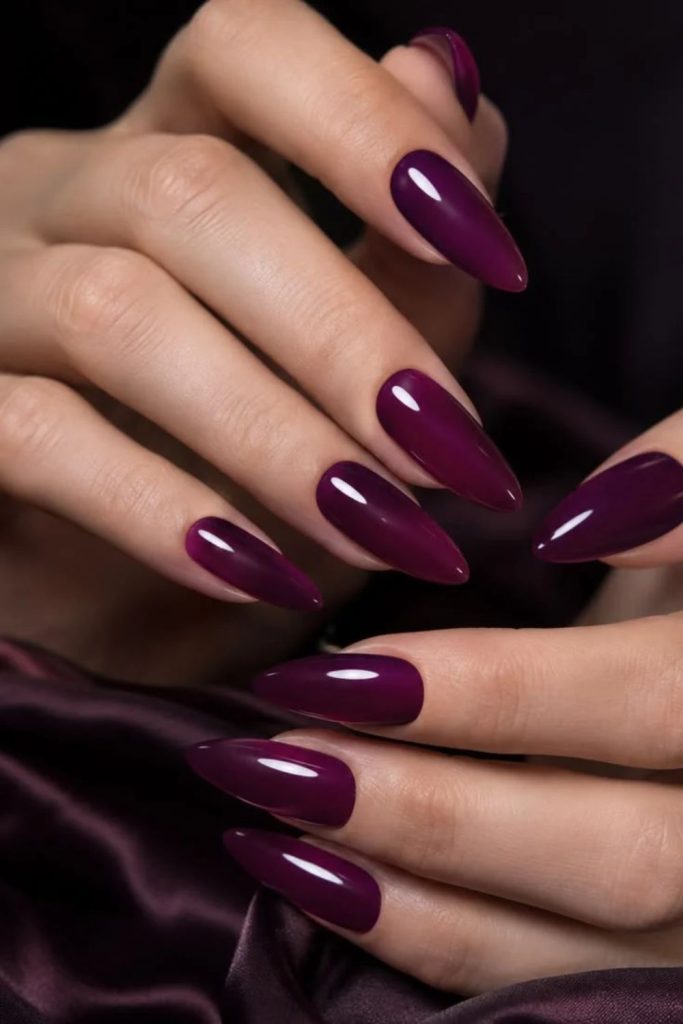 Glossy sugar plum stiletto nails.