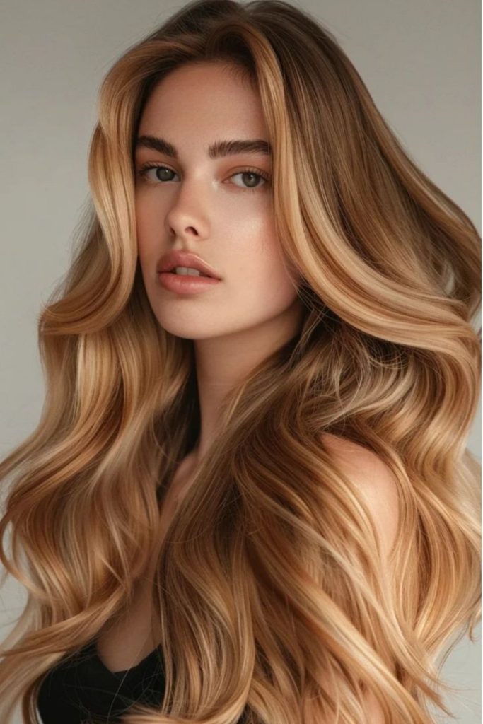 Golden bronde hair with luminous highlights.