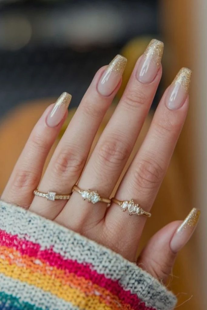 Golden crystal glitter tip nails