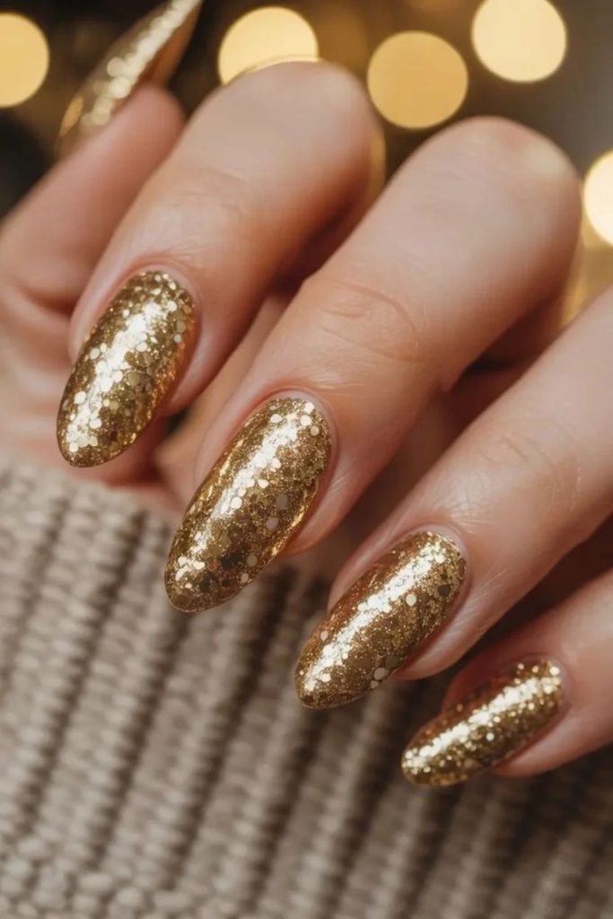 Golden disco glitter party nails