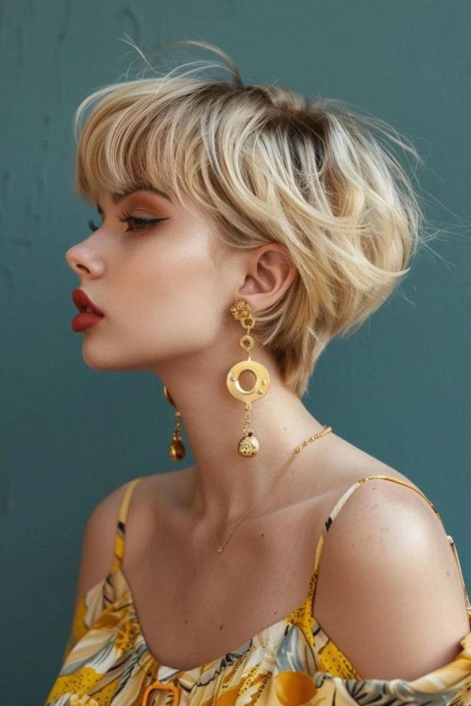 Golden fringe pixie bob haircut.