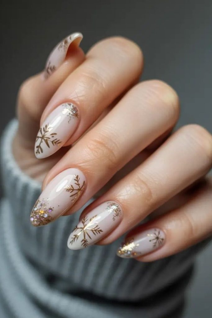 Ivory gold frosted snowflake nails.