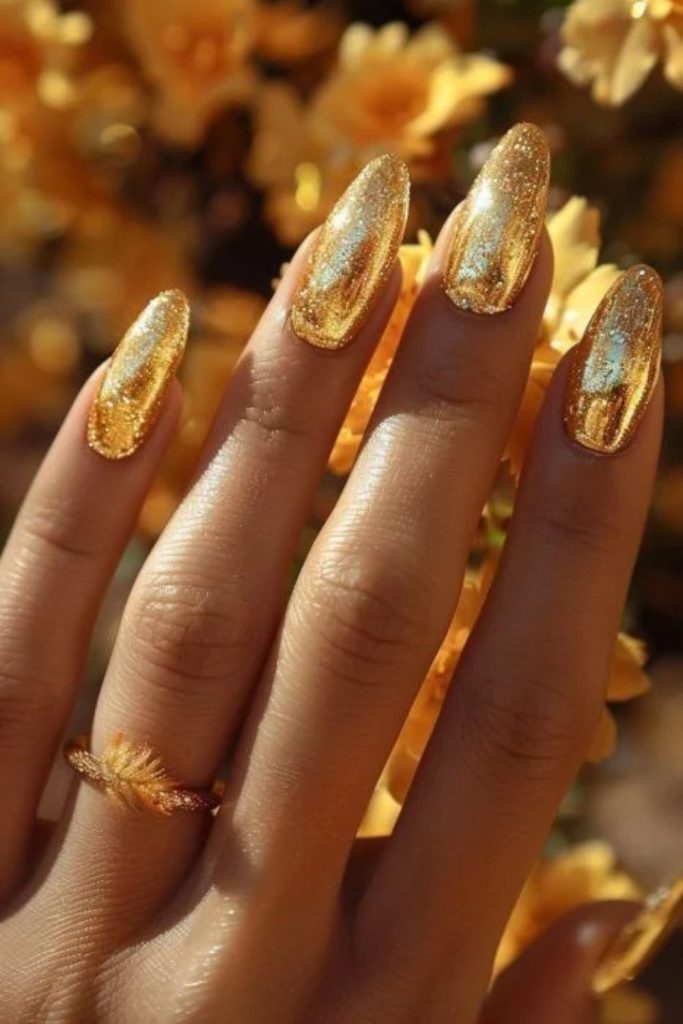 Golden honey shimmer nail design