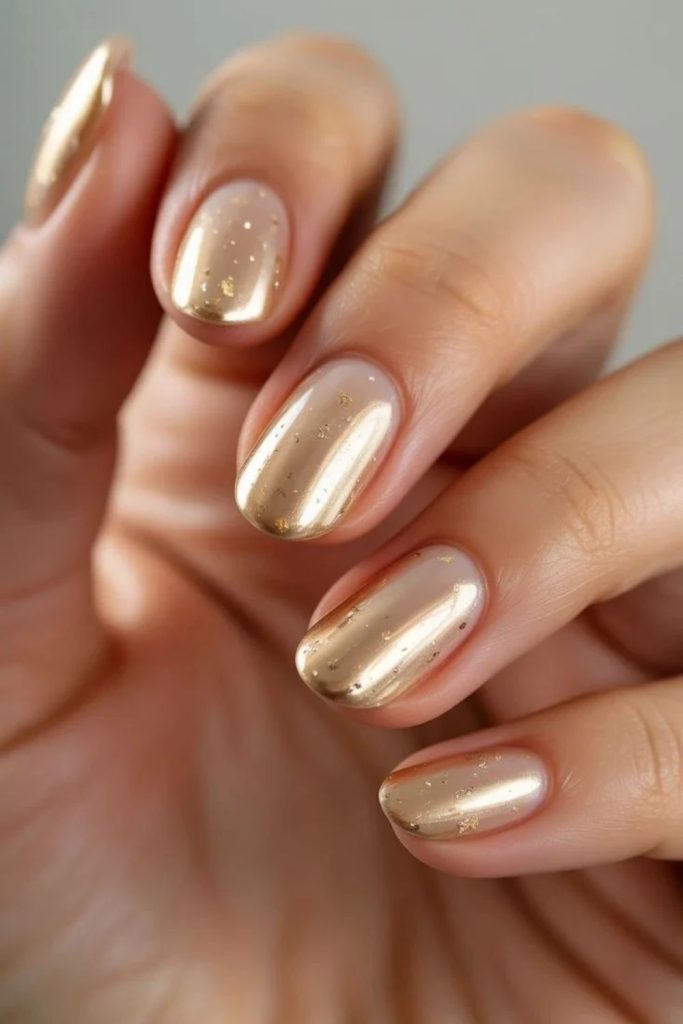 Golden mirror glitter manicure design