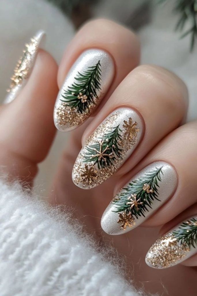 Golden star Christmas pine nail art.