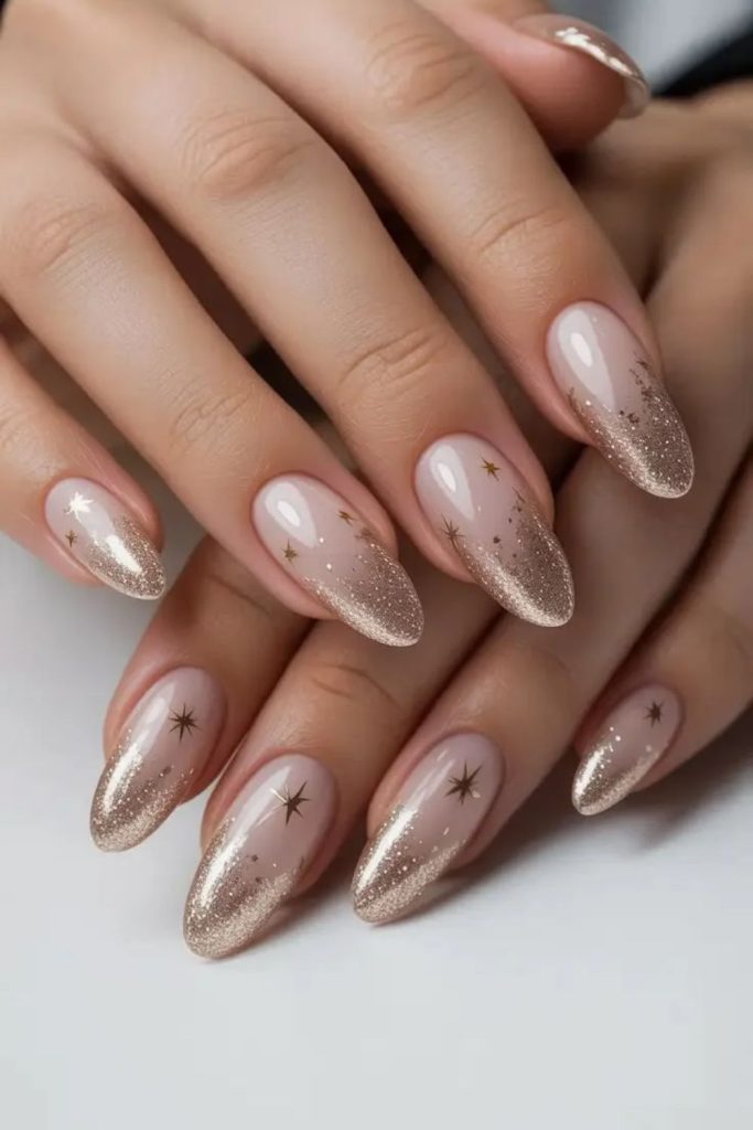 Golden starry nude glitter nails