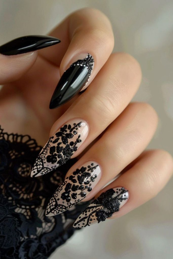 Gothic black lace stiletto nails.