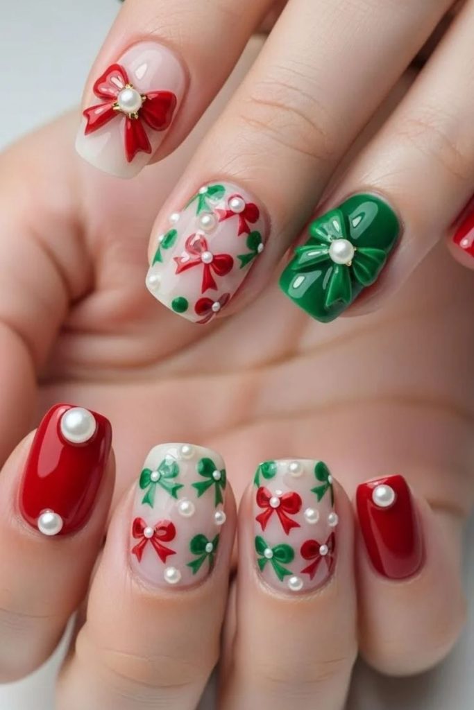 Green velvet red ribbon nails.