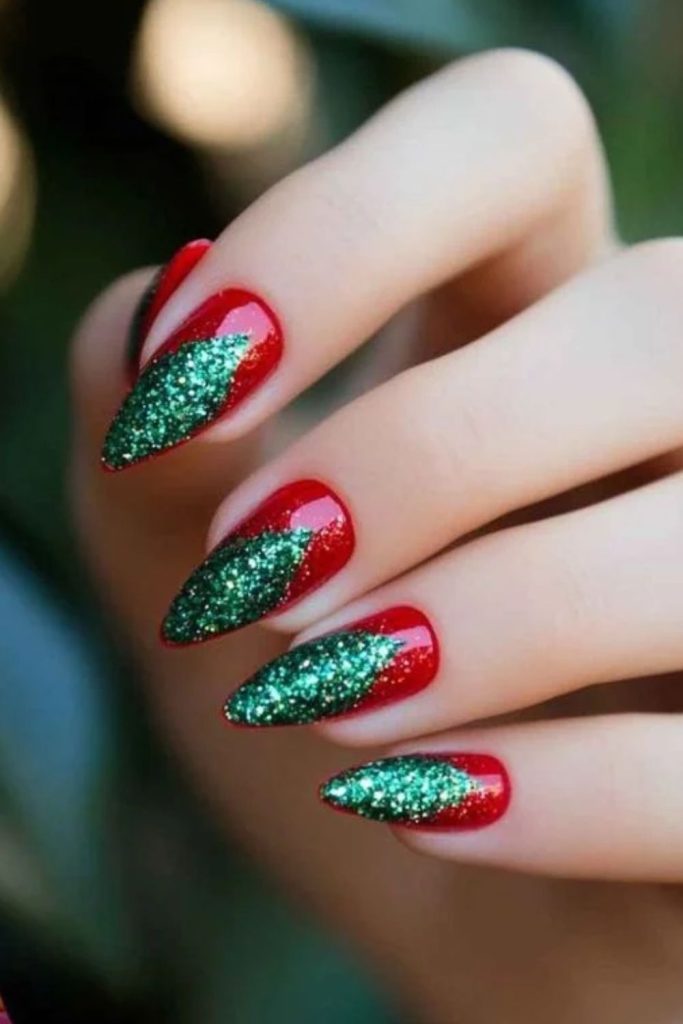 Garnet emerald gemstone holiday nail design.