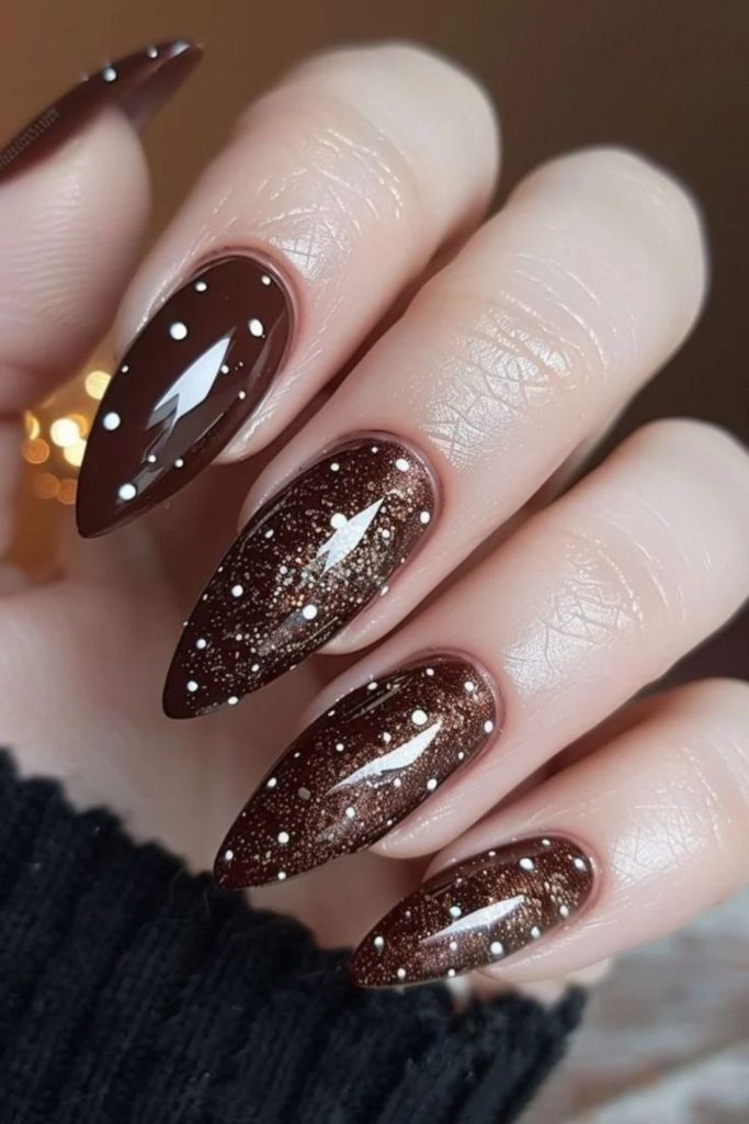 Holiday cocoa nails with festive shimmer.