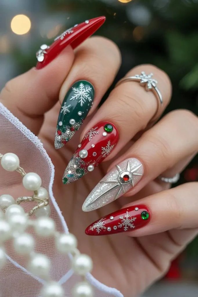 Red green holiday jewel manicure.