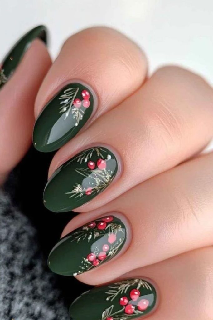 Holly berry Christmas tree nail design.