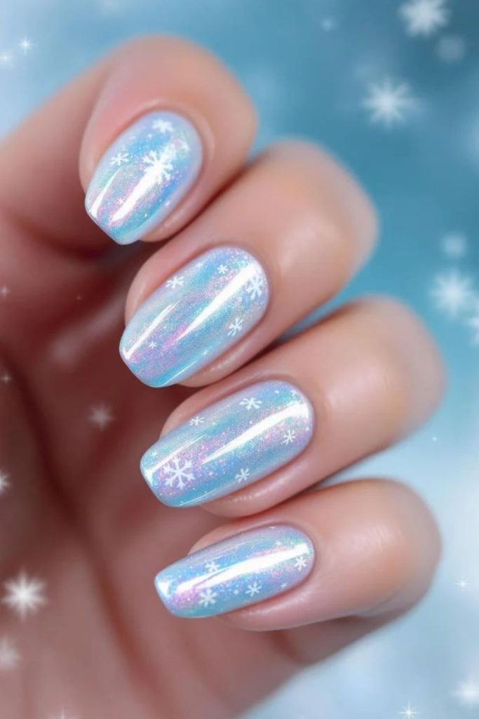 Holographic shimmering snowflake winter nails.