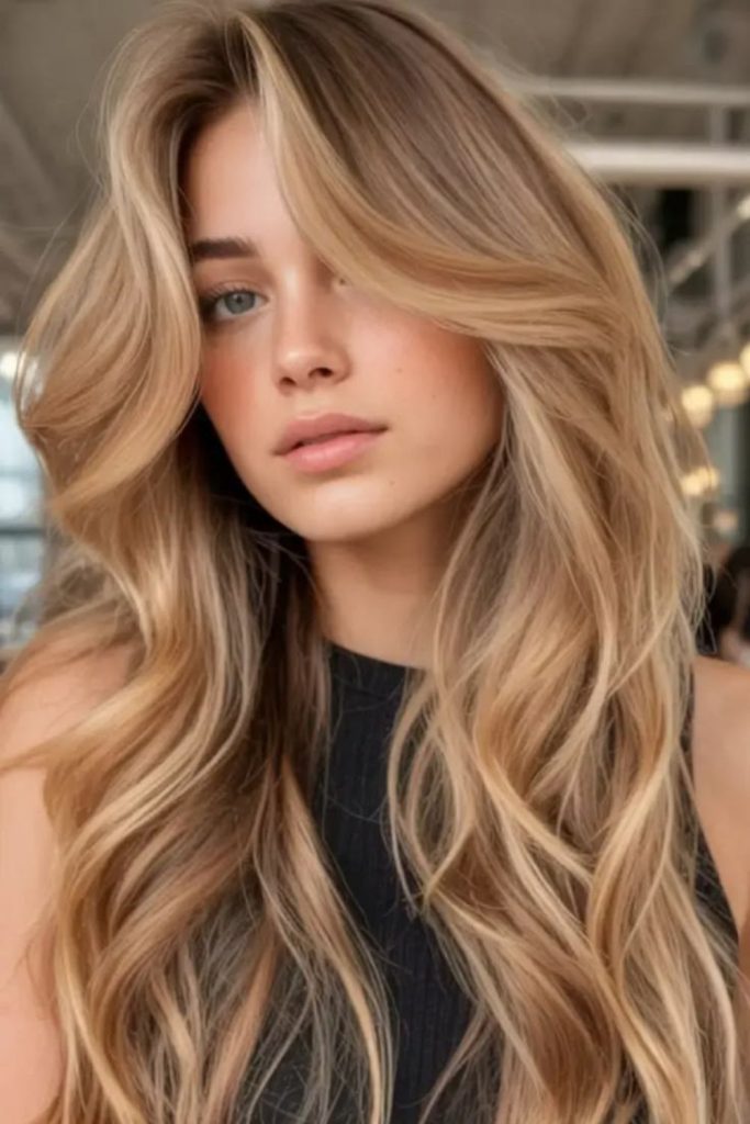 Honey bronde hair with flowing highlights.