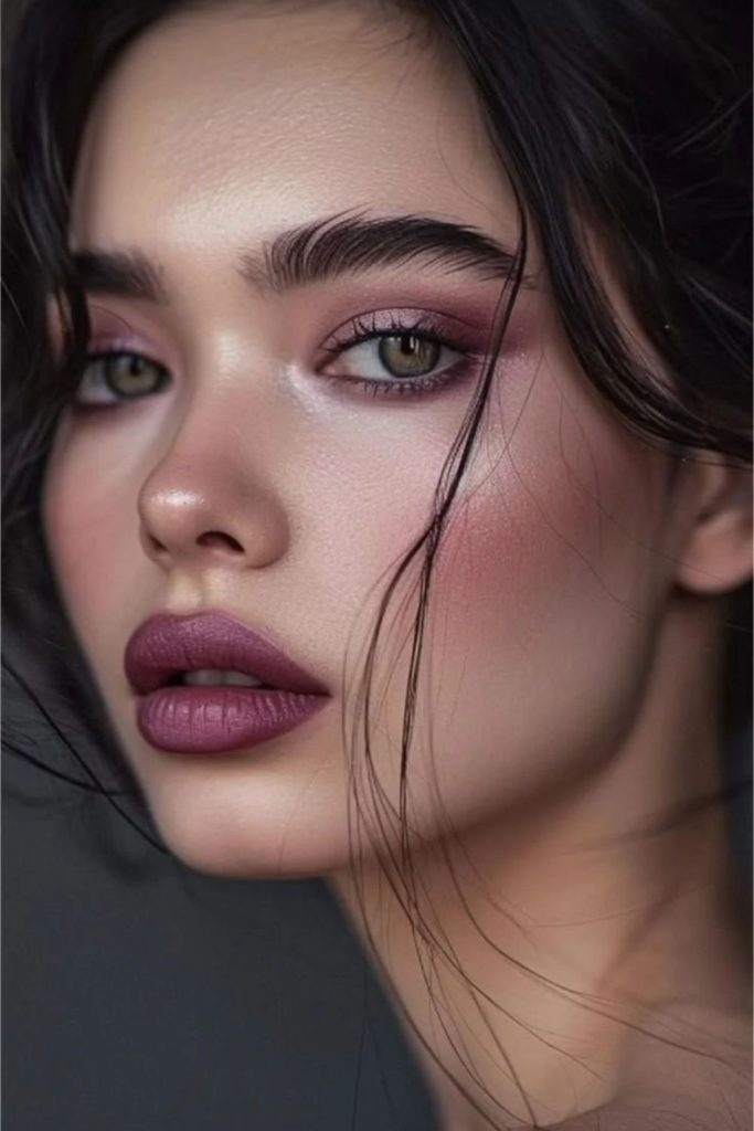 Iced plum winter makeup look.