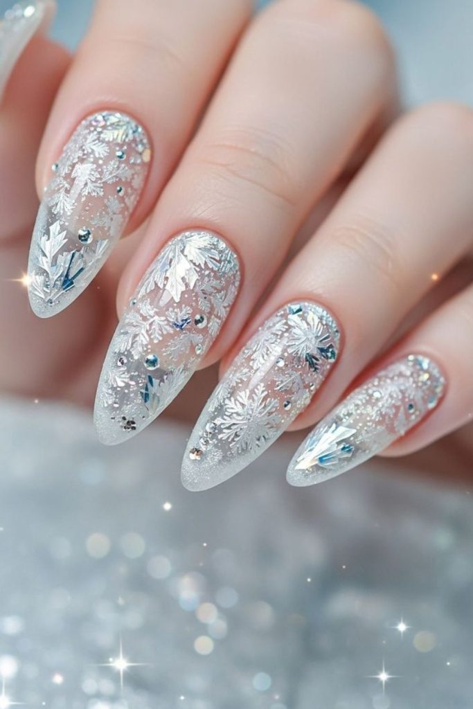 Icy white crystal snowflake nails.