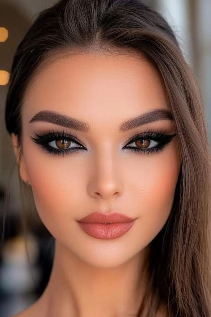 Jet black dramatic siren cat-eye makeup.