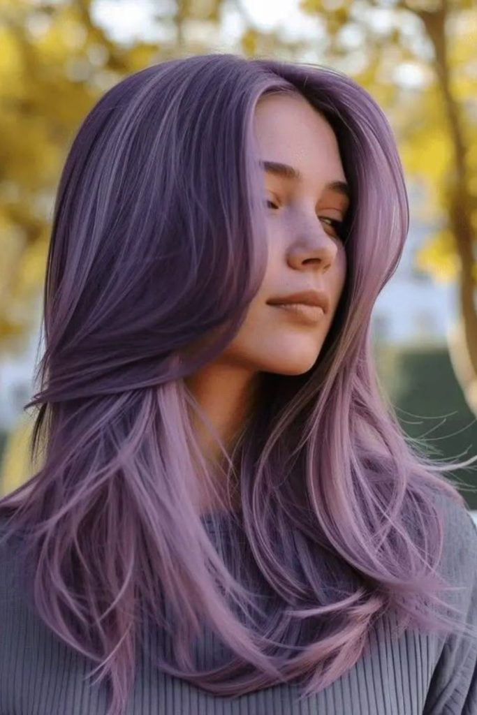 Lavender plum soft layered wavy hair.