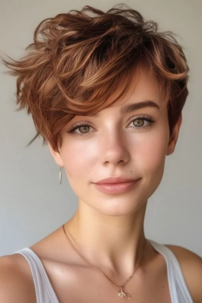 Layered chestnut pixie bob haircut.