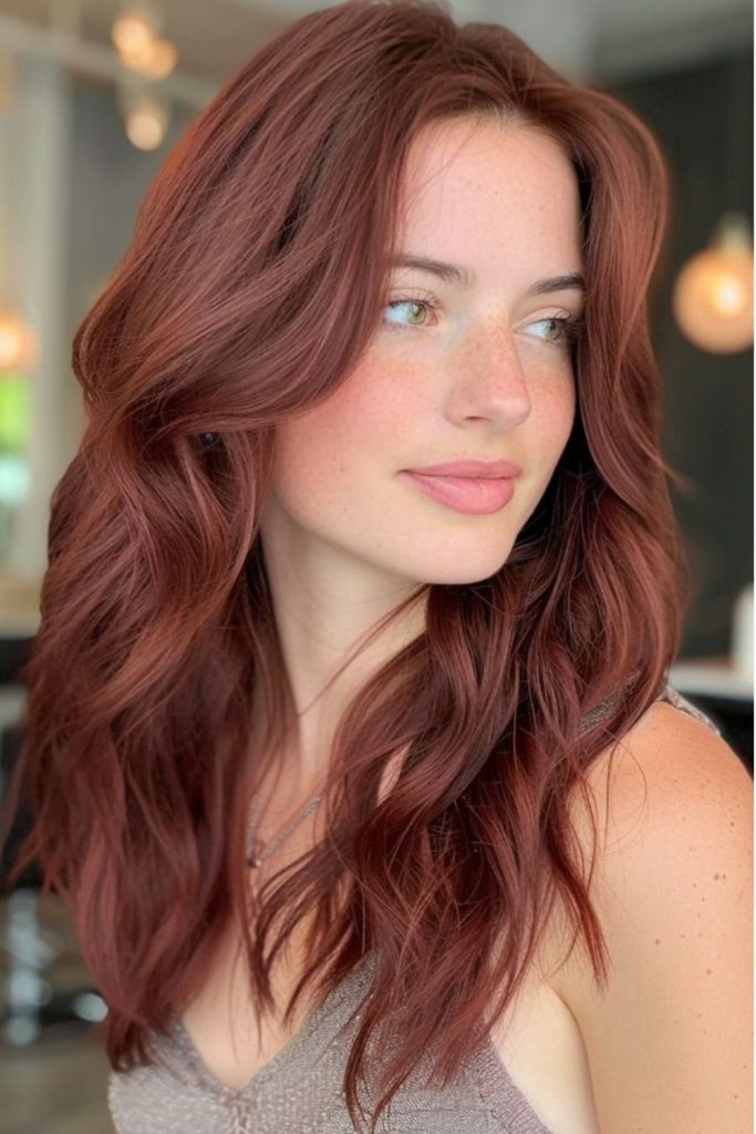 Auburn mahogany hair with copper undertones.