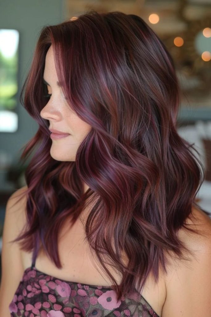 Mahogany balayage on natural brunette hair.