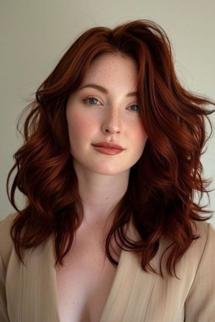 Mahogany copper hair with luminous highlights.