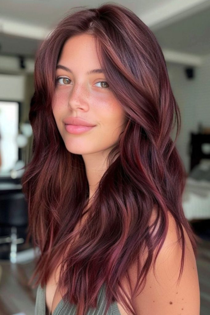 Romantic rose mahogany layered hairstyle.