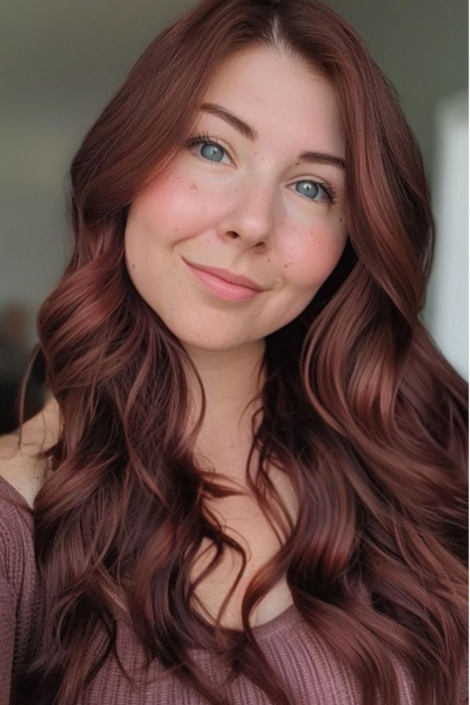 Rosewood mahogany hair with glossy shine.