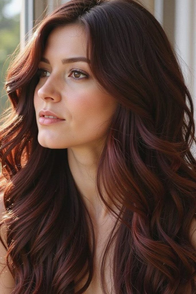 Deep mahogany layered hair with shine.