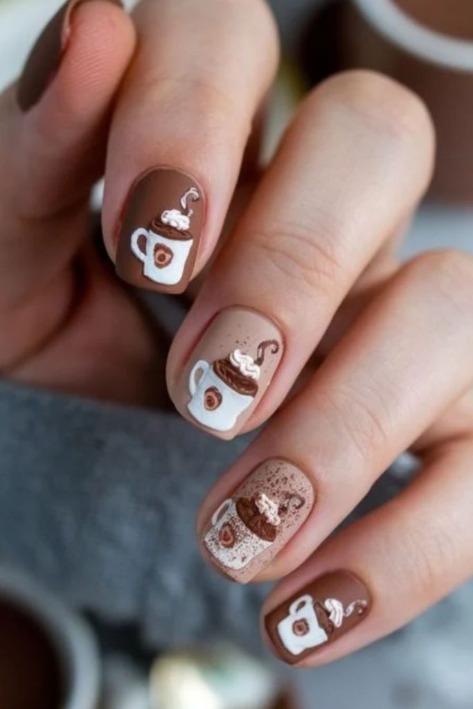 Cocoa mug nails with marshmallow details.