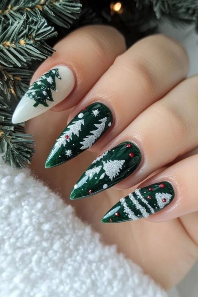 Matte green Christmas cabin nail design.