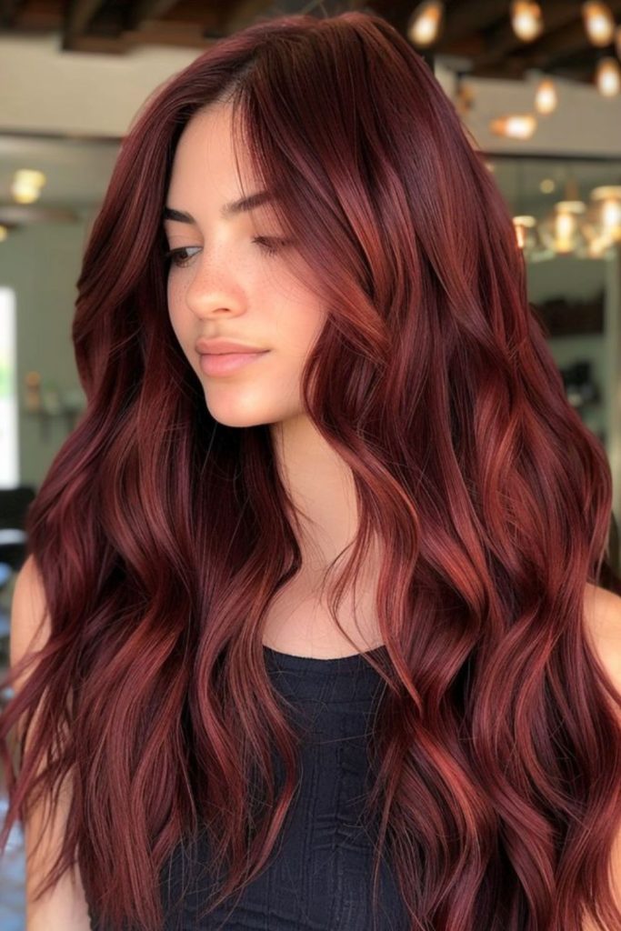 Mahogany caramel hair with golden ribbons.