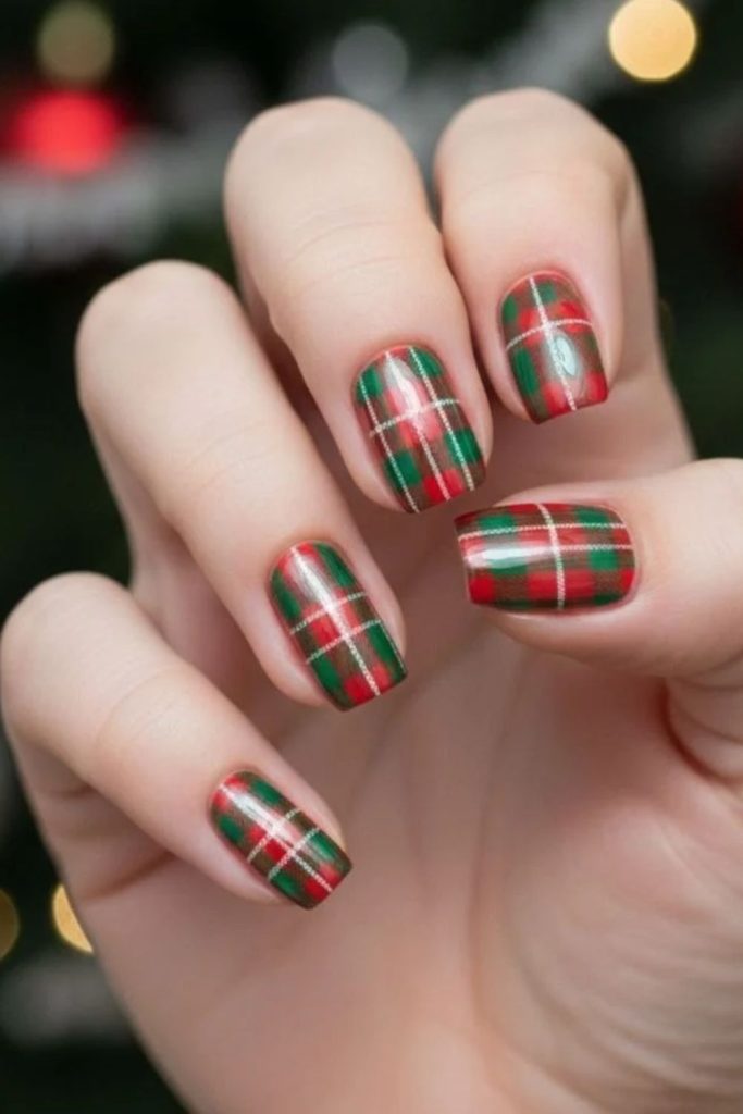 Red green festive plaid nail design.