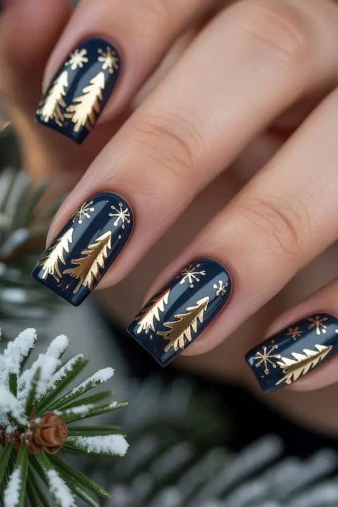 Midnight navy Christmas tree nail design.
