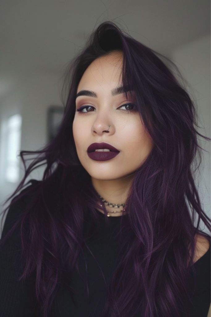 Midnight plum sleek dark straight hair.
