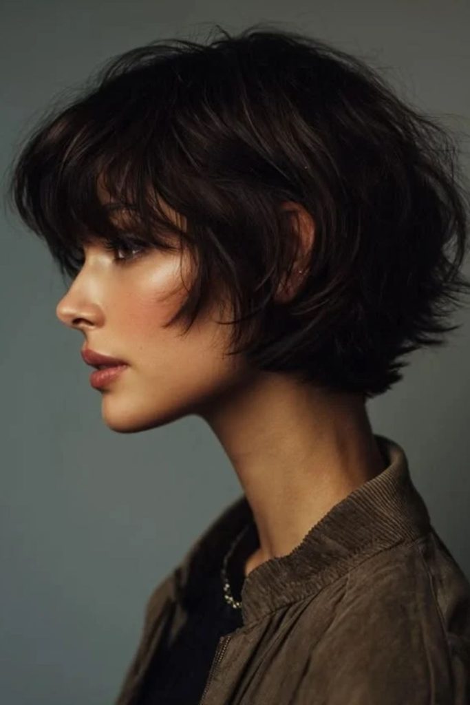 Midnight textured pixie bob haircut.