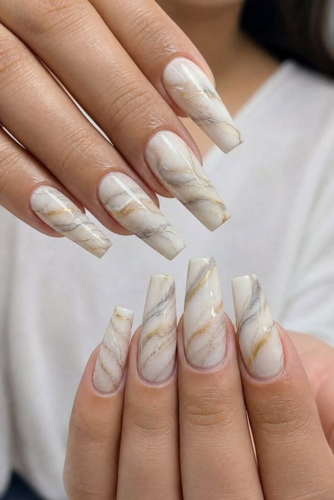 Milky marble coffin nails with gold.