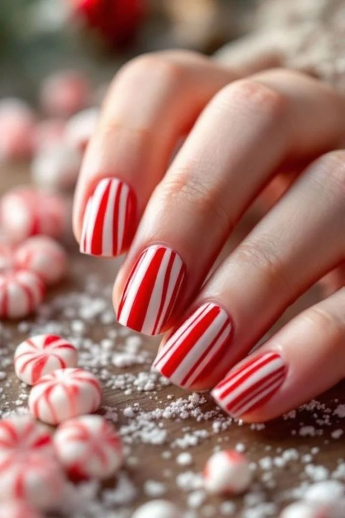Minimal red peppermint stripe nail design.