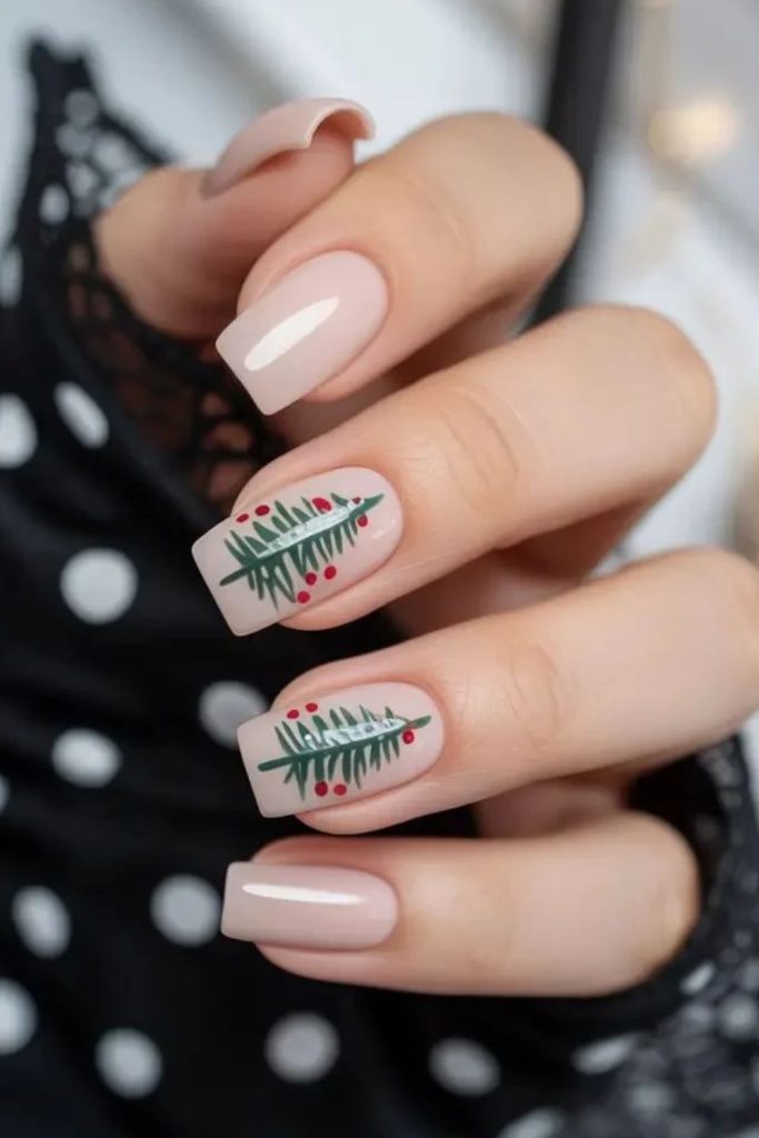 Minimalist Christmas tree nude nail design.