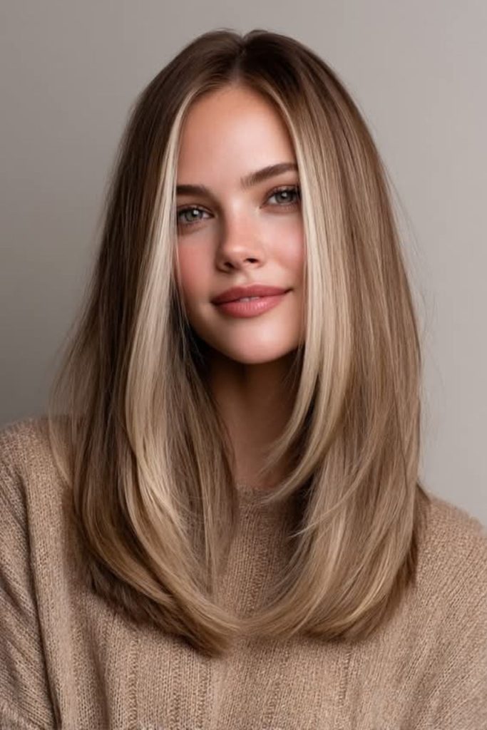 Mocha bronde hair with creamy highlights.