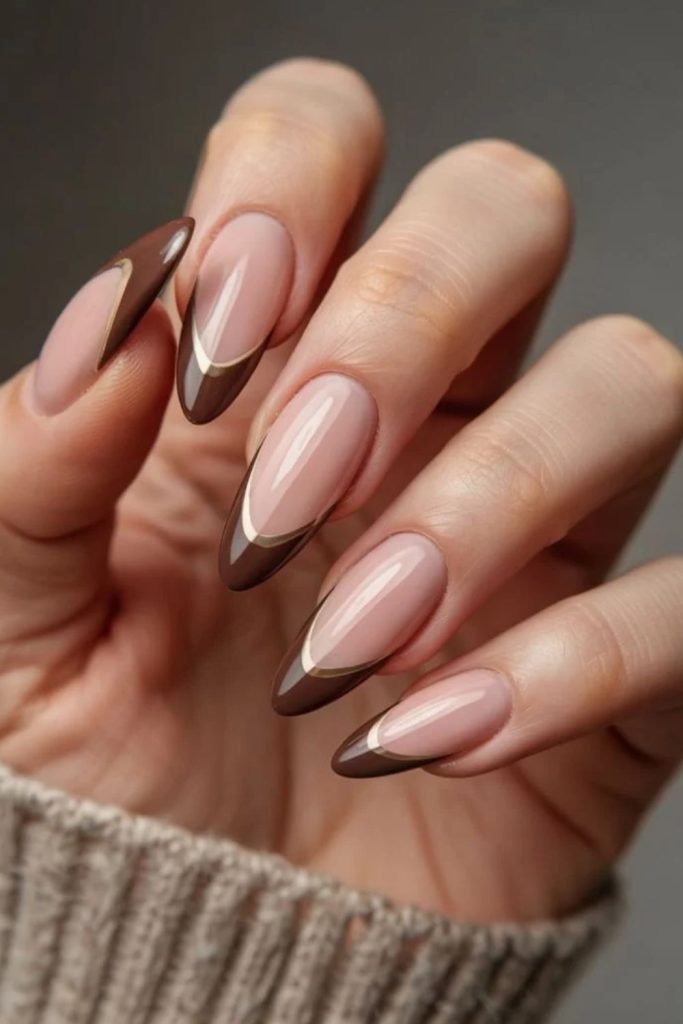 Mocha French tips on nude nails.