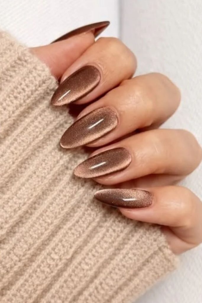 Glazed mocha nails with pearly shine.