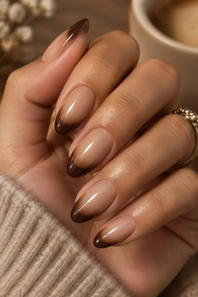 Mocha latte nails with French fade.