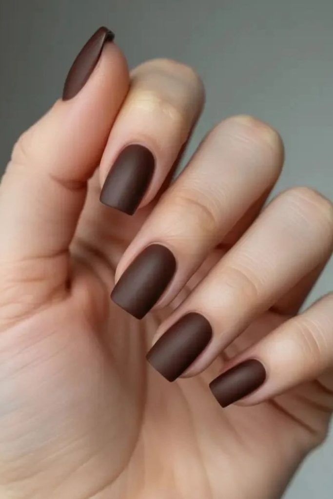 Matte mocha nails with velvety finish.