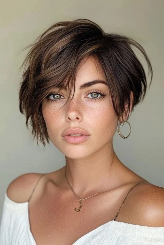 Mocha undone pixie bob hairstyle.
