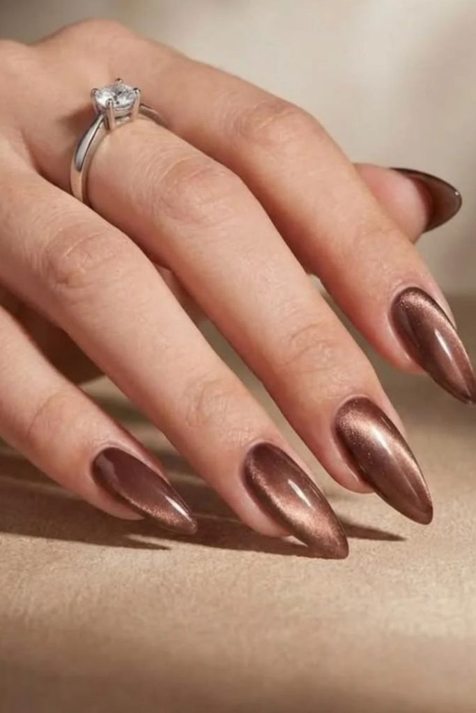 Mocha cat-eye nails with velvet shimmer.