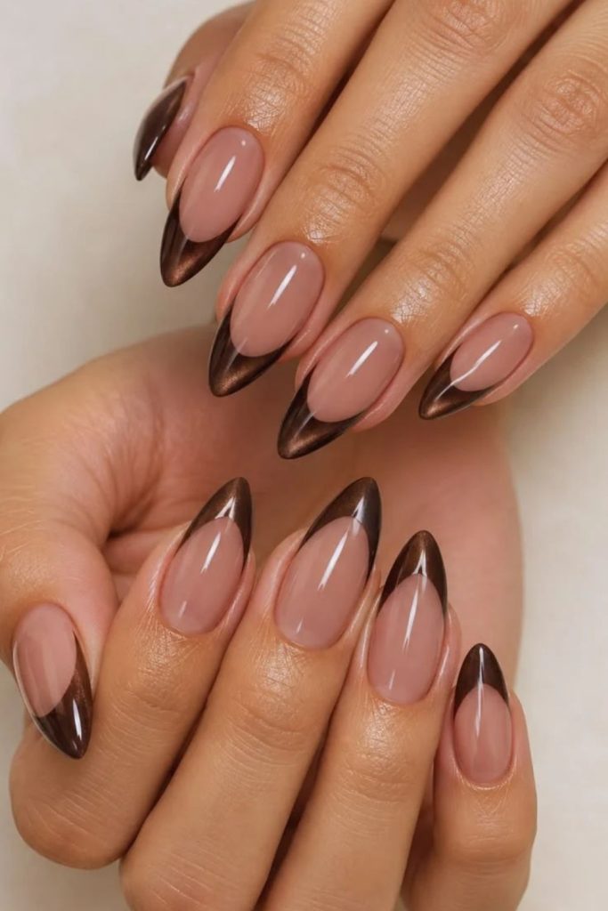 Velvet mocha French nails with shimmer.