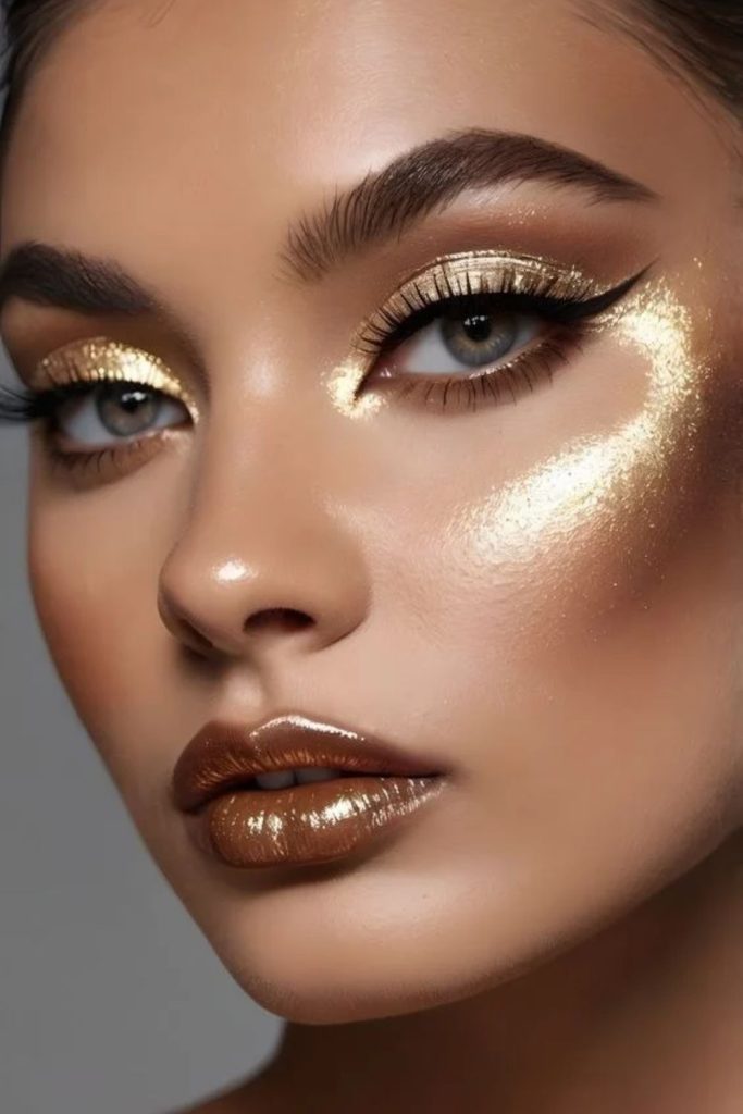 Molten gold glamorous siren eyes makeup.
