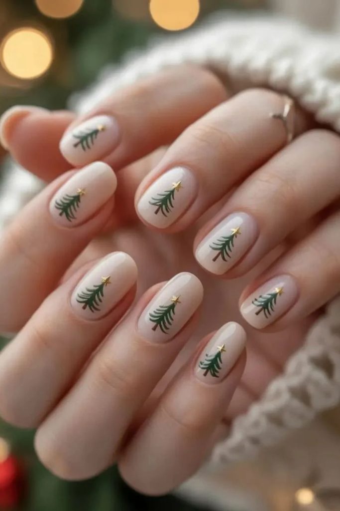 Nordic inspired Christmas tree nail art.