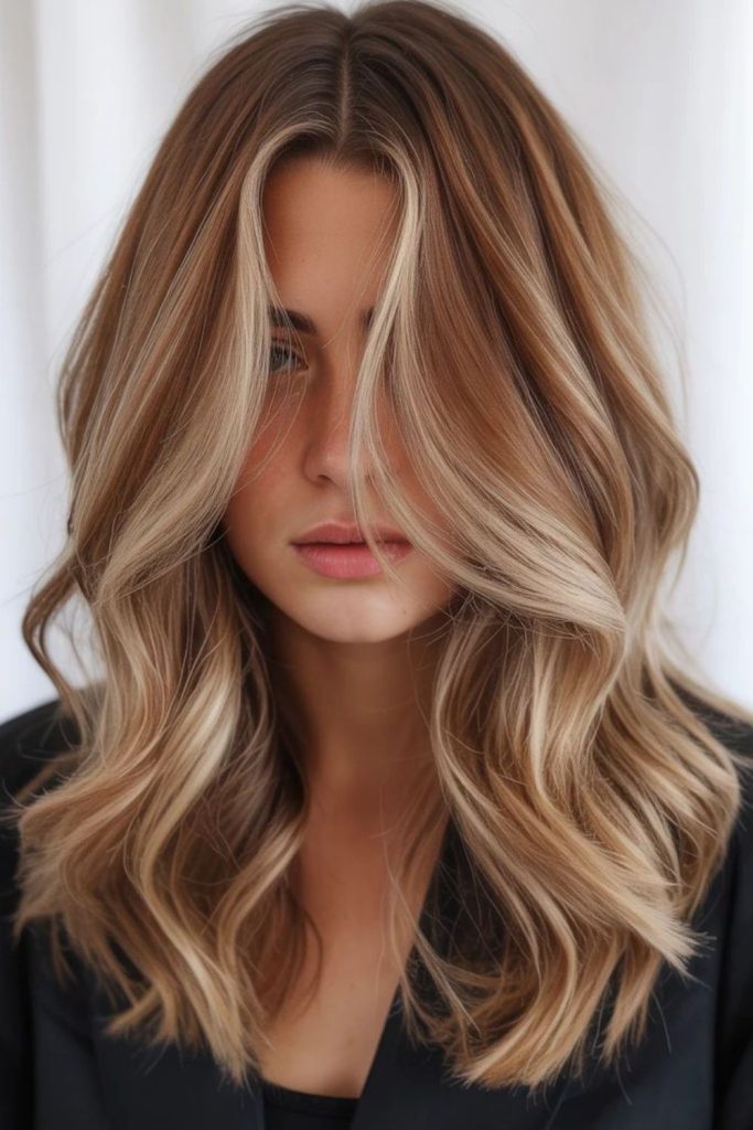Nutmeg bronde hair with warm blonde accents.